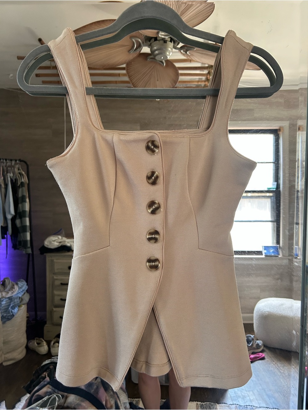 Maeve Beige Button-Front Square-Neck Mini Dress